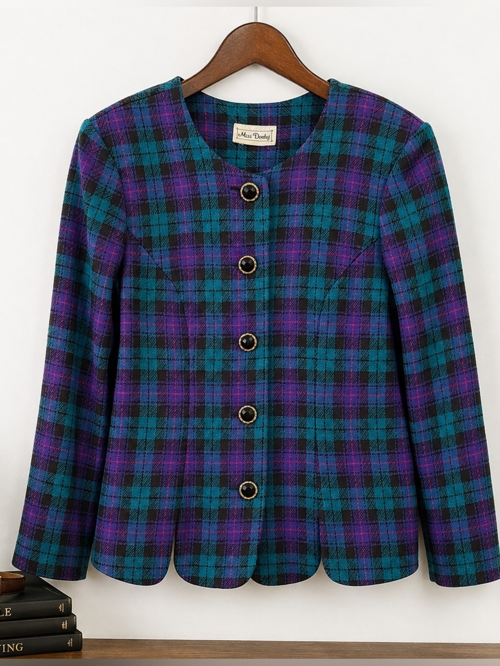 Vintage 90s Jewel Tone Plaid Knit Blazer Teal Purple Preppy Academia XL